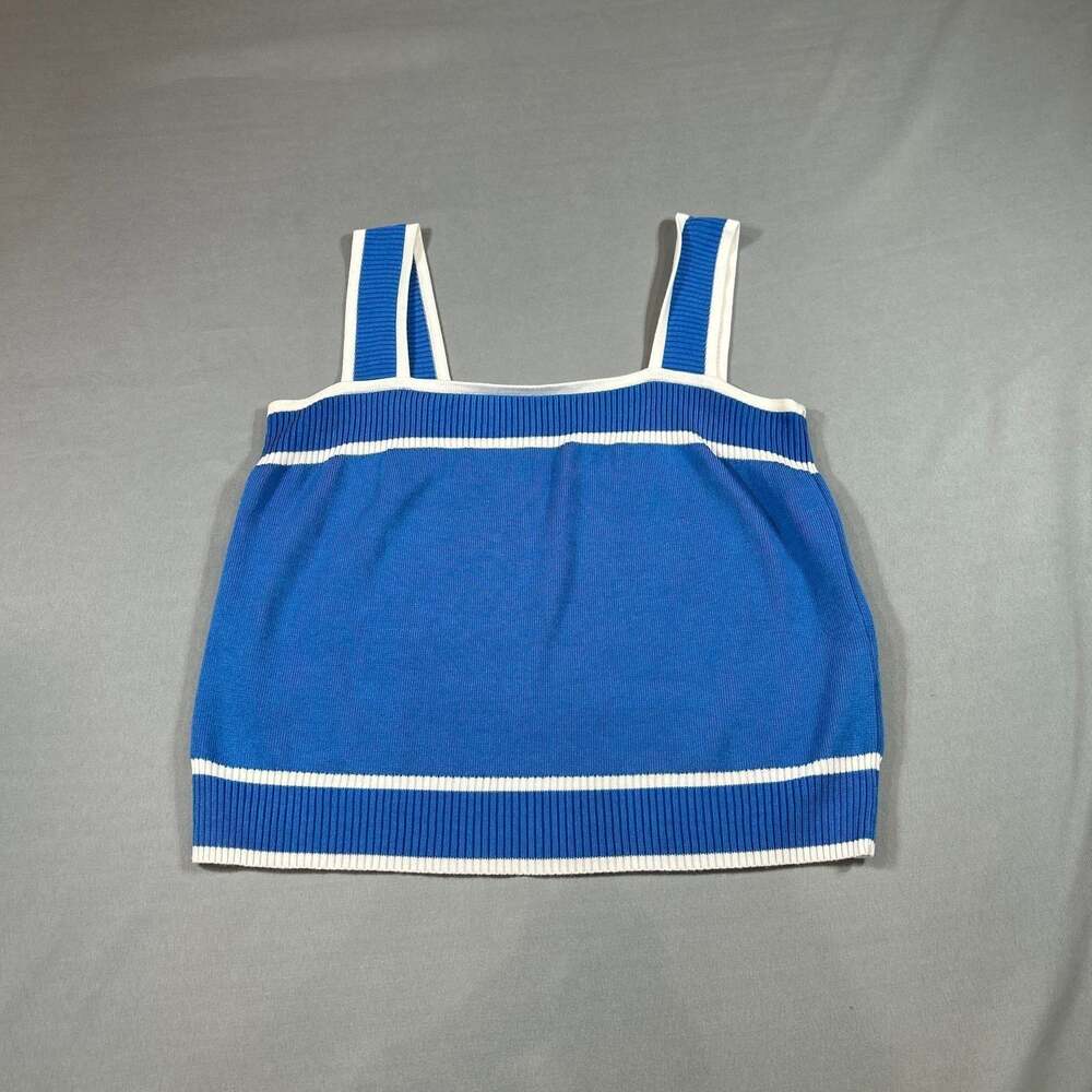 Vintage Style Blue & White Ribbed Knit Tank Top, Size L - Striped Crop Top
